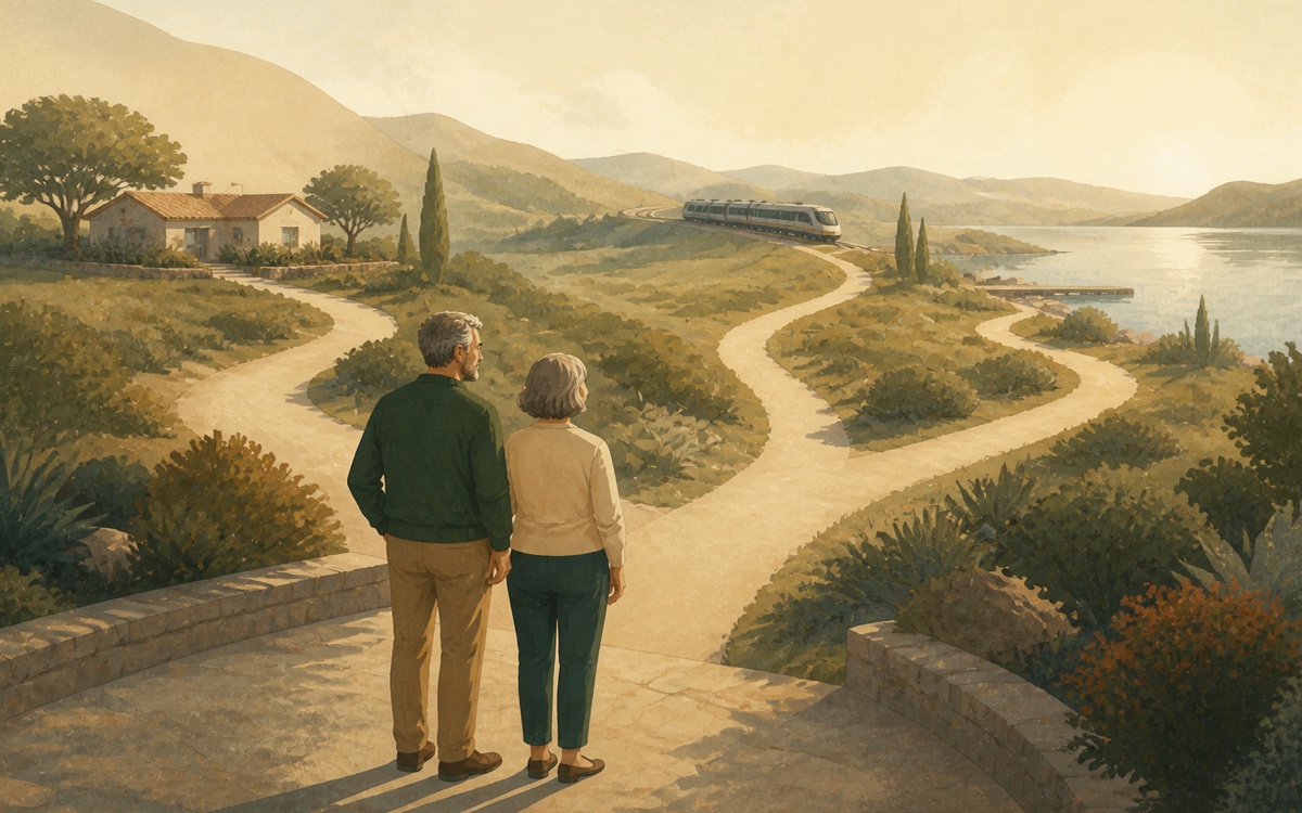 Editorial illustration of a couple considering their retirement choices