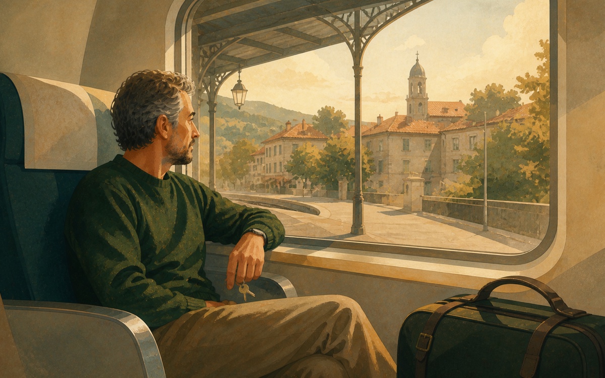 Editorial illustration of a professional returning home by train