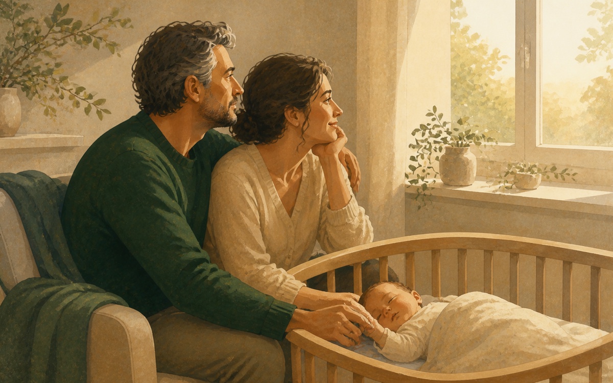 Editorial illustration of new parents looking toward their family's future